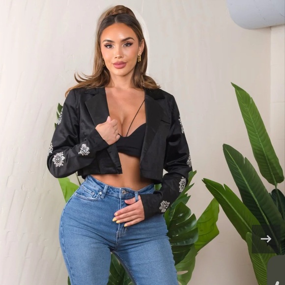 Brushed like light jacket with rhinestone embellishment. BLACK Sz S - Picture 2 of 5